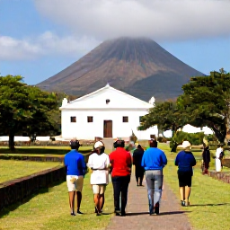 Caribbean Holidays, February Wine Tasting, Visitors walking through a historic sugar estate in Saint Kitts with volcanic mountains in the background