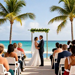 Caribbean Holidays, Getting Married in July, A happy wedding party exploring a Dominican Republic resort, with a palm-lined pool, bright Caribbean sky and relaxed holiday atmosphere