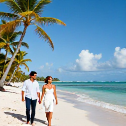 Caribbean Holidays, Getting Married in July, A newly married couple walking along a sunlit Caribbean beach in the Dominican Republic, with palm trees and gentle turquoise water
