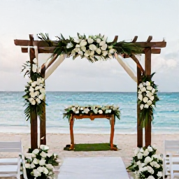 Caribbean Holidays, Getting Married in July, An elegant beachfront wedding ceremony in the Dominican Republic, decorated with white flowers and simple tropical greenery under a shaded pergola