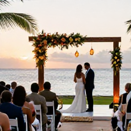 Caribbean Holidays, Getting Married in July, Bride and groom enjoying a sunset wedding reception beside the sea in the Dominican Republic, with tropical flowers, lanterns and guests dining outdoors