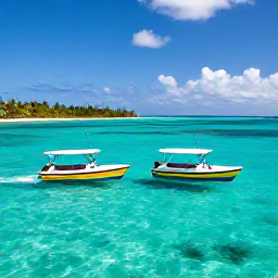 Caribbean Holidays, Glass Bottom Boats, A colourful glass bottom boat cruising over clear turquoise Caribbean water with tropical coastline in the background