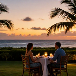 Caribbean Holidays, Grenada Adults Only, A couple dining outdoors at an adults-only Grenada resort at sunset, with Caribbean sea views, candlelight and tropical greenery