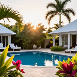 Caribbean Holidays, Grenada Adults Only, A peaceful Grenada resort garden with tropical plants, a swimming pool and warm March sunlight