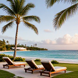 Caribbean Holidays, Grenada Adults Only, A quiet adults-only resort overlooking a turquoise Caribbean bay in Grenada, with palm trees, sun loungers and soft morning light