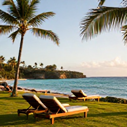 Caribbean Holidays, Grenada Adults Only, A quiet adults-only resort overlooking a turquoise Caribbean bay in Grenada, with sun loungers, palm trees and warm afternoon light