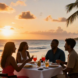 Caribbean Holidays, Grenada Adults Only, Adults enjoying a sunset dinner and cocktails at a stylish beachfront resort in Grenada