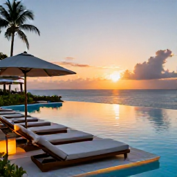 Caribbean Holidays, Grenada Adults Only, Adults-only Grenada resort at sunset, with an infinity pool, elegant loungers and warm light over the Caribbean Sea
