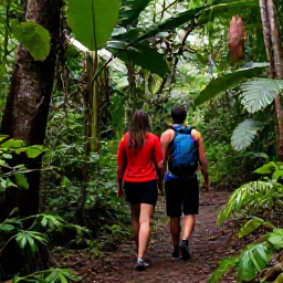 Caribbean Holidays, Grenada Adults Only, Couple enjoying a guided rainforest walk near a waterfall in Grenada, surrounded by lush tropical vegetation