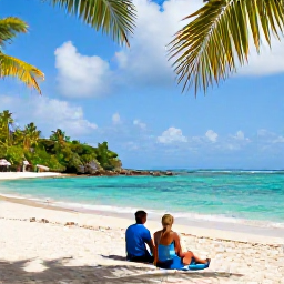 Caribbean Holidays, Grenada Adults Only, Couple enjoying a quiet November afternoon on Grand Anse Beach in Grenada, sitting on the sand near turquoise water and gently swaying palms