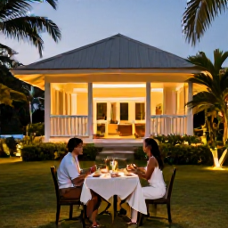 Caribbean Holidays, Grenada Adults Only, Couple enjoying a relaxed outdoor dinner at an adults-only hotel in Grenada, with warm evening lighting and tropical gardens