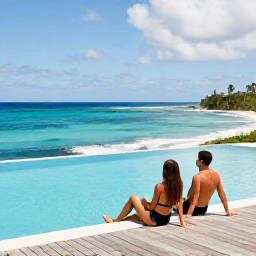 Caribbean Holidays, Grenada Adults Only, Couple relaxing beside a quiet infinity pool overlooking the Caribbean Sea in Grenada