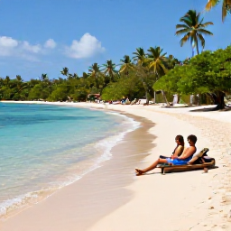 Caribbean Holidays, Grenada Adults Only, Couple relaxing on a quiet sandy beach at Grand Anse, Grenada, with clear shallow water, tropical greenery and comfortable sun loungers