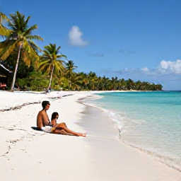 Caribbean Holidays, Grenada Adults Only, Couple relaxing on a tranquil Grenada beach with clear water, white sand, palm trees and a secluded adults-only atmosphere