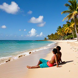 Caribbean Holidays, Grenada Adults Only, Couple relaxing on Grand Anse Beach in Grenada, clear blue water, golden sand and palm trees