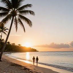 Caribbean Holidays, Grenada Adults Only, Couple walking along Grand Anse Beach in Grenada at sunset, with calm sea, soft golden light and palm trees