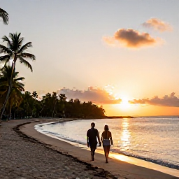 Caribbean Holidays, Grenada Adults Only, Couple walking along Grand Anse Beach in Grenada at sunset, with calm water, golden sand and palm trees