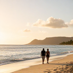 Caribbean Holidays, Grenada Adults Only, Couple walking along Grand Anse Beach in Grenada at sunset, with soft golden light, calm sea and distant hills