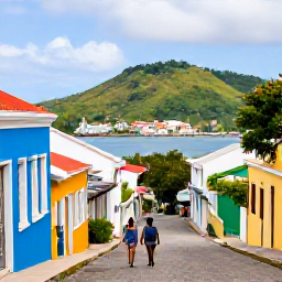 Caribbean Holidays, Grenada Adults Only, Couple walking through the colourful streets of St George's, Grenada, with historic buildings, a harbour and green hills in the background