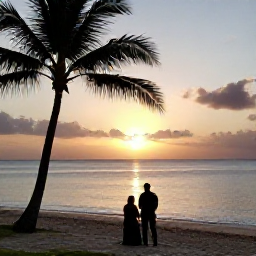 Caribbean Holidays, Grenada Adults Only, Couple watching sunset from a quiet Grenada beach with palm silhouettes and calm Caribbean water