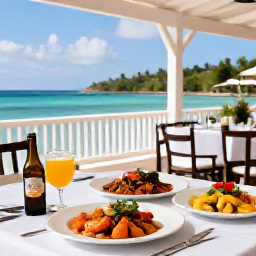 Caribbean Holidays, Grenada Adults Only, Elegant adults-only hotel restaurant in Grenada serving fresh Caribbean seafood and colourful local dishes, with an open-air terrace overlooking the sea
