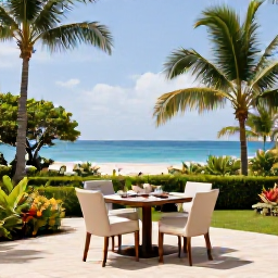 Caribbean Holidays, Grenada Adults Only, Elegant adults-only hotel terrace in Grenada with an outdoor dining table, tropical gardens and a view over the Caribbean Sea