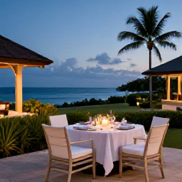 Caribbean Holidays, Grenada Adults Only, Elegant adults-only resort terrace in Grenada at dusk, with a candlelit dinner table, tropical gardens and sea views