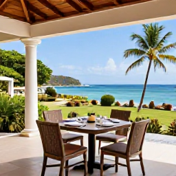 Caribbean Holidays, Grenada Adults Only, Elegant adults-only resort terrace in Grenada with outdoor dining, tropical gardens and sea views