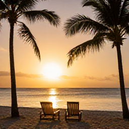 Caribbean Holidays, Grenada Adults Only, Golden sunset over a quiet Grenada beach, with two chairs facing the Caribbean Sea and palm trees silhouetted against the sky