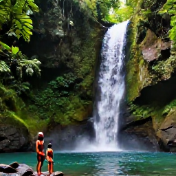 Caribbean Holidays, Grenada Adults Only, Grenada rainforest waterfall with lush tropical foliage, clear pool and a couple enjoying a scenic nature walk