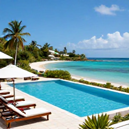 Caribbean Holidays, Grenada Adults Only, Quiet adults-only resort pool overlooking a turquoise Caribbean bay in Grenada, with sun loungers and tropical greenery