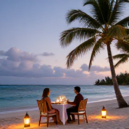 Caribbean Holidays, Grenada Adults Only, Romantic dinner for two on a Grenada beach at twilight, with lanterns, palm trees and the sea in the background