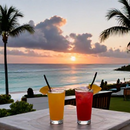 Caribbean Holidays, Grenada Adults Only, Romantic sunset at an adults-only Grenada resort, with two drinks on a terrace overlooking the Caribbean Sea