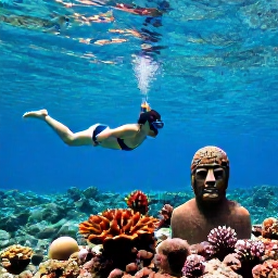 Caribbean Holidays, Grenada Adults Only, Snorkeller exploring clear Caribbean water above colourful coral and a submerged sculpture in Grenada