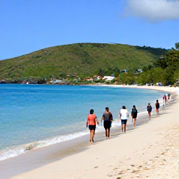 Caribbean Holidays, Grenada Adults Only, Visitors walking along Grand Anse Beach in January, with clear blue Caribbean water, soft sand and green hills in the background