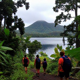 Caribbean Holidays, Grenada Adventure, Hikers walking through Grand Etang rainforest beside a volcanic lake, with tropical foliage and misty green hills