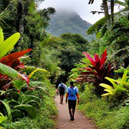 Caribbean Holidays, Grenada Adventure, Hikers walking through lush Grand Etang rainforest in Grenada, with tropical plants, misty hills and a clear trail