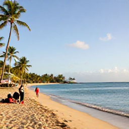 Caribbean Holidays, Grenada Adventure Holidays, A bright January morning on Grand Anse Beach in Grenada, with calm turquoise water, golden sand, palm trees and travellers preparing for outdoor adventures