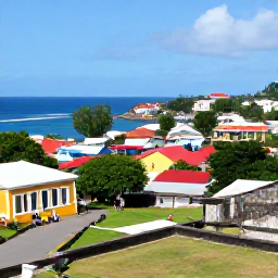 Caribbean Holidays, Grenada Adventure Holidays, A dramatic view of Fort George overlooking St George's harbour in Grenada, with colourful rooftops, blue sea and visitors exploring the historic site