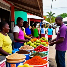 Caribbean Holidays, Grenada Adventure Holidays, A friendly Grenadian guide leading visitors through a colourful market and coastal village, with spices, tropical fruit, handmade crafts and smiling local people