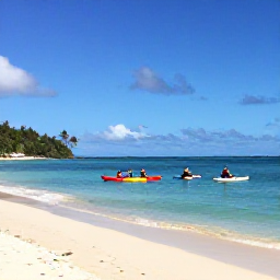 Caribbean Holidays, Grenada Adventure Holidays, A group kayaking and paddleboarding along the calm turquoise coastline of Grenada near a sandy beach