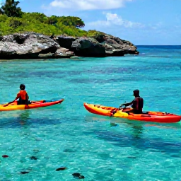 Caribbean Holidays, Grenada Adventure Holidays, A sea kayak and snorkellers exploring clear water near Grenada&rsquo;s rocky coastline, with colourful fish visible below the surface
