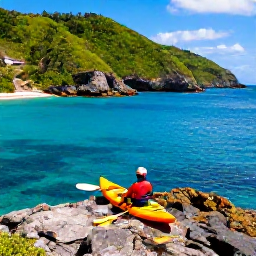 Caribbean Holidays, Grenada Adventure Holidays, A sea-kayaker paddling along Grenada&rsquo;s rocky south coast, with clear blue water, green hills and small hidden coves