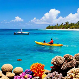 Caribbean Holidays, Grenada Adventure Holidays, A sea-kayaking and snorkelling scene off Grenada's coast, with clear blue water, colourful coral, tropical fish and a small fishing boat
