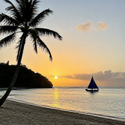 Caribbean Holidays, Grenada Adventure Holidays, A small sailing boat passing Grand Anse Beach in Grenada at sunset, with palm trees and calm Caribbean water