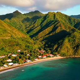 Caribbean Holidays, Grenada Adventure Holidays, Aerial view of Grenada's lush volcanic landscape, turquoise Caribbean coastline and small fishing villages in warm July sunshine