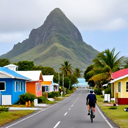 Caribbean Holidays, Grenada Adventure Holidays, Cyclist riding along a scenic coastal road in Grenada, passing colourful homes, palm trees and dramatic hills