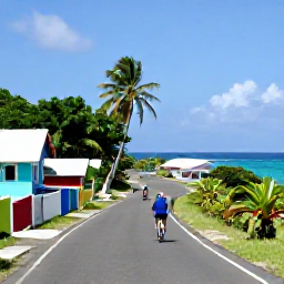 Caribbean Holidays, Grenada Adventure Holidays, Cyclists riding along a scenic Grenadian coastal road, passing colourful houses, palm trees and views across the Caribbean Sea