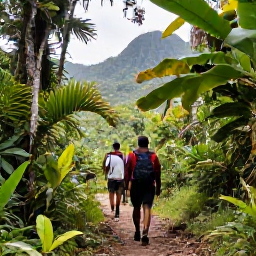 Caribbean Holidays, Grenada Adventure Holidays, Hikers walking along a lush rainforest trail in Grenada with tropical plants, mountain scenery and soft natural light