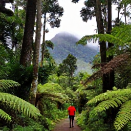 Caribbean Holidays, Grenada Adventure Holidays, Hikers walking beneath tall rainforest trees on the Grand Etang trail in Grenada, with ferns, mist and volcanic mountain scenery